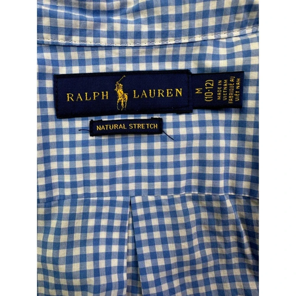 Ralph Lauren Boys Blue Gingham Natural Stretch Button Down‎ Shirt Size M 10-12